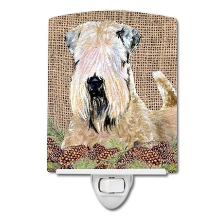 Carolines Treasures SS4079CNL Wheaten Terrier Soft Coated On Faux Burlap With Pine Cones Ceramic Night Light